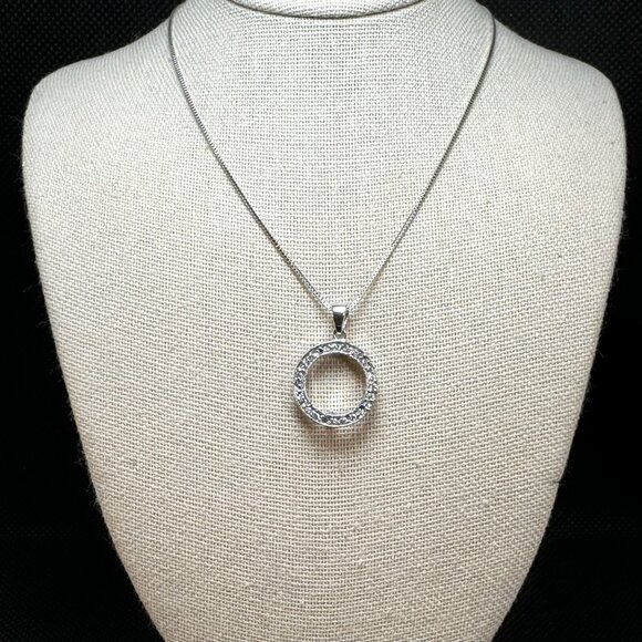 VTG Sterling Silver 925 Cubic Zirconia Circle Pendant Necklace Box Link 18'' - Picture 1 of 10